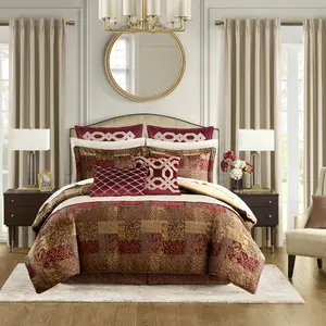 360 Stand 4-Piece King Size Bedding Set - Croscill Classics CCL10-0011, 110x96x1.5in Jacquard Weave Comforter with Hidden Zippers, Traditional Look Galleria Red Bed Skirt Set