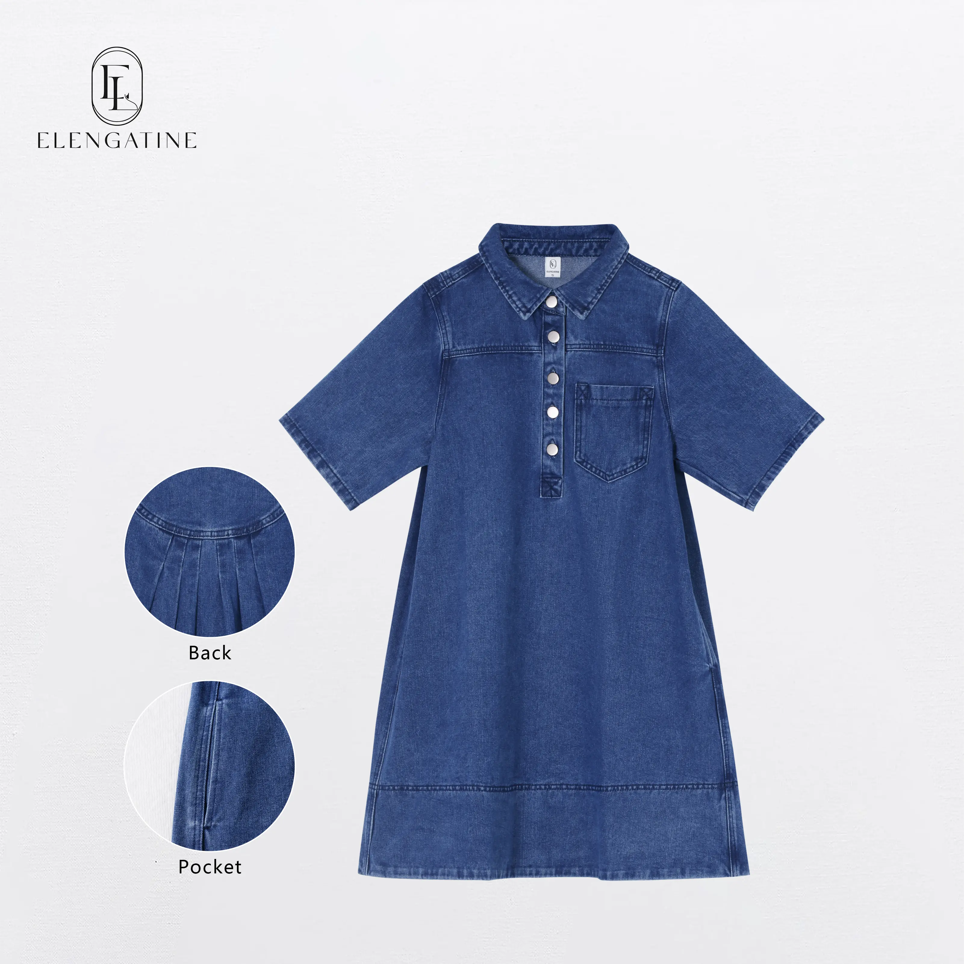 Thank You Anniversary | $29.9 Elengatine Women's Denim Dress Half-Zip  Collared Vintage Washed Blue Loose Fit Long Sleeve One Chest Pocket Trendy  Casual Top for Daily Wear & Street Style Looks -