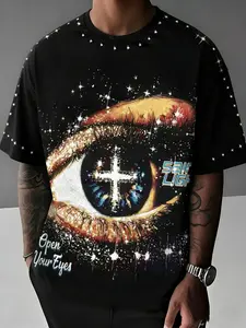 Men's Oversized Saint Light Eye & Cross Graphic Tee, Gothic Religious Streetwear T-Shirt, Slim-Fitting Long Sleeve Top