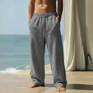 Men’s summer drawstring wide-leg pants with a single diamond design, made from polyester fiber for breathability and a drapey feel. Loose and relaxed, suitable for beach vacations, home lounging, and everyday outings. Casual Sports Trousers