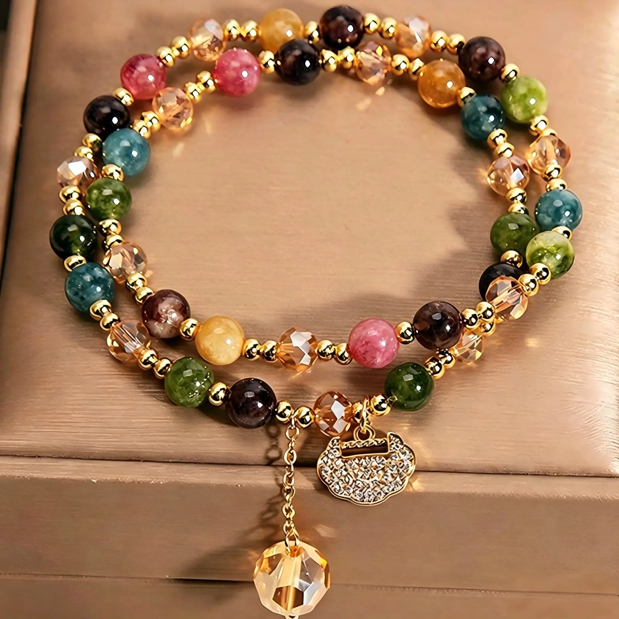 Beads Bracelets for Women, Double-Strand Vintage Fashion Jewelry with a Natural Stone Design of Rainbow Tourmaline and Crystal Mix, Diamond Lock Charm, Bohemian Bracelet, Exquisite Trendy Bracelet