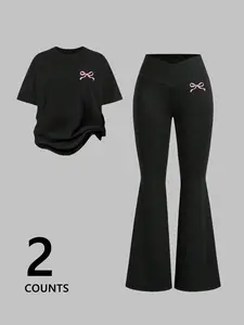 Two-Piece Set Women's Bow Print Tee & Flare Leg Pants, Matching Clothing Set Casual Fashion Cozy Round Neck Long Sleeve Top & Bell Bottom Trousers for Daily Outdoor Wear, Women's Clothing for Spring & Fall, Suits