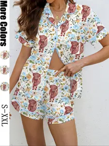 Women's Highland Cow Print Pajama Set, Casual All-Over Print Shirt Collar Top & Elastic Shorts, Comfortable Home Wear