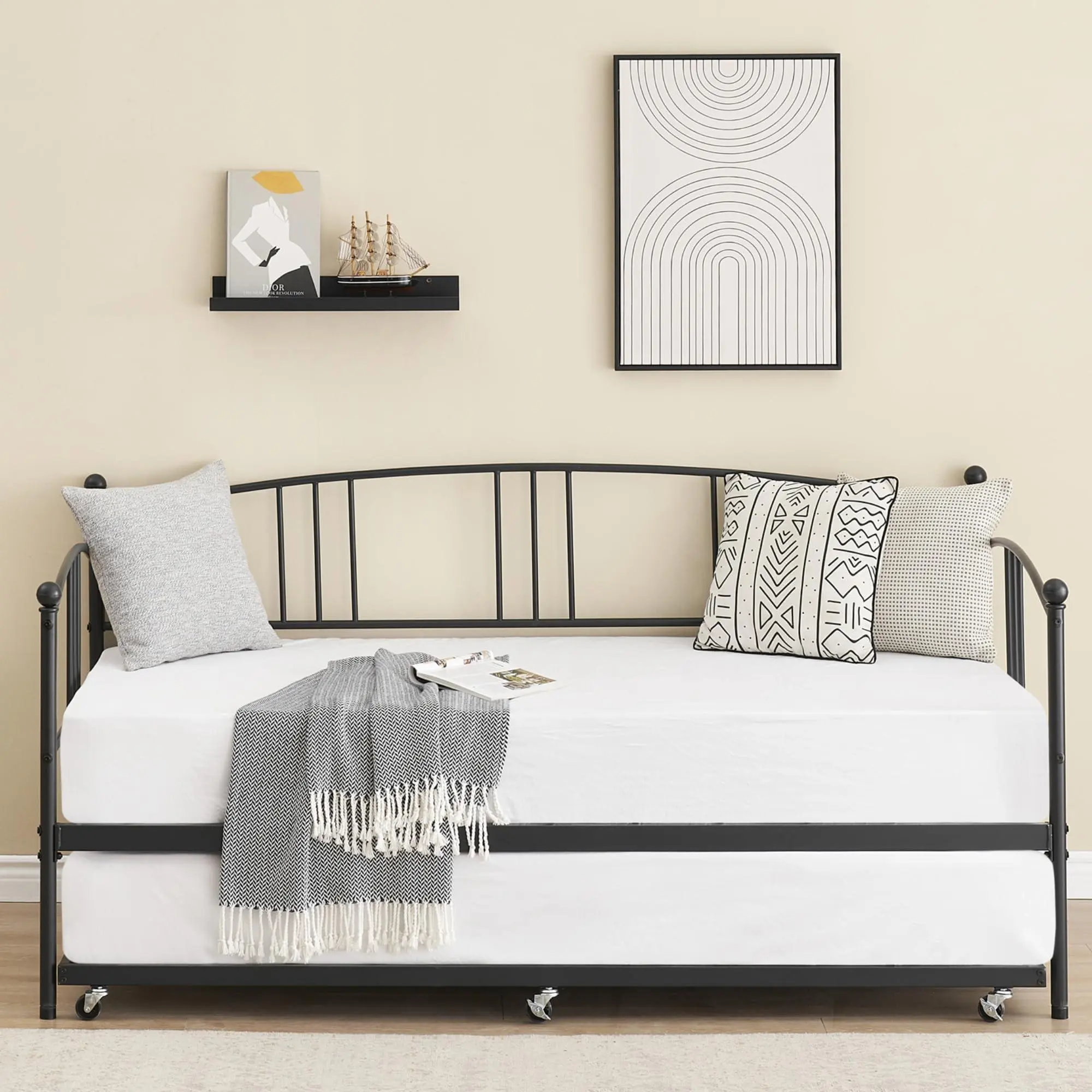 GARVEE Daybed with Trundle, Sturdy Metal Day Bed with Steel Slat Support, Trundle Bed Twin with Arched Headboard, SofaBed for Living Room, Bedroom and Guest Room, Black