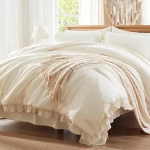 Queen Comforter Set 7 Piece, Cream Bed in a Bag with Sheets, All Season Ruffle Bedding Sets with 1 Comforter, 2 Pillow Shams, 2 Pillowcases, 1 Flat Sheet, 1 Fitted Sheet| Softness, High Quality, Warmth,, OEKO