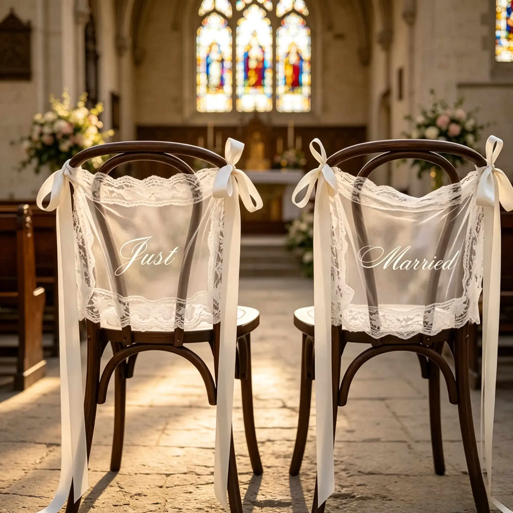 Bridal Chair Decor Signs (Set of 2, 33x42 cm) - Printed Lace Ribbon Banners, Romantic Decorative Dainty Cute Wedding Supplies for Sweetheart Table Back