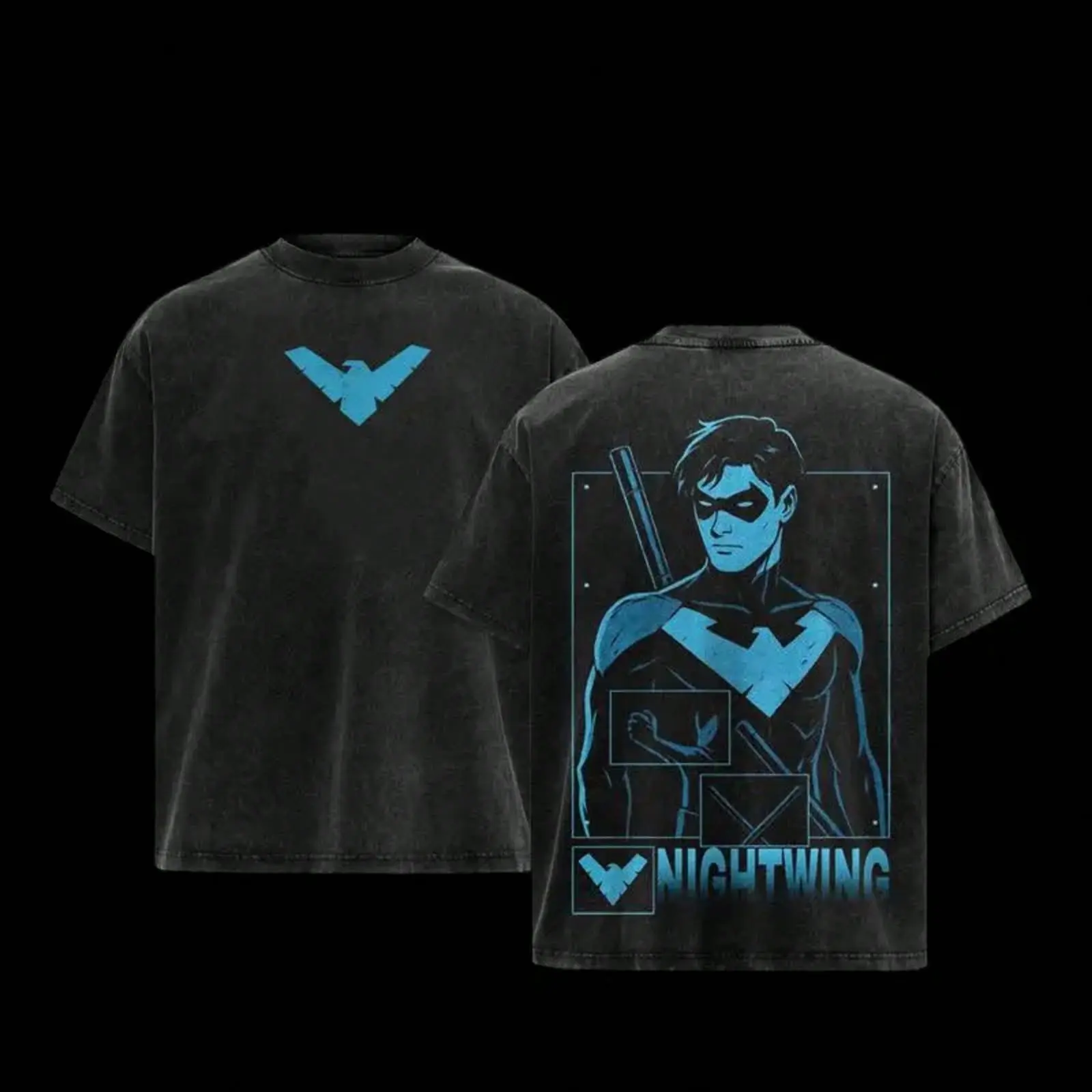 Heavyweight Vintage Wash Short Sleeve T Shirt Nightwing Blue Logo Double Sided Print Comic Hero Graphic Top Mens Oversized Streetwear Casual Daily Hip Hop Outfit Adult Fan Fashion Apparel