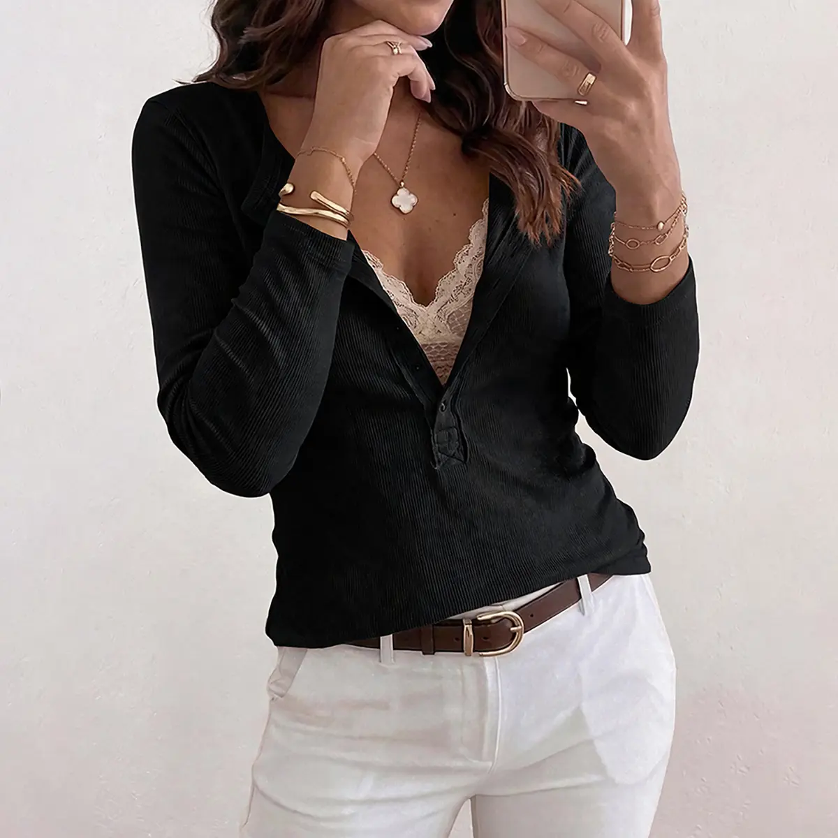 CHICME Women's Ribbed Henley Long Sleeve Top Slim Fit Base Layer Tee