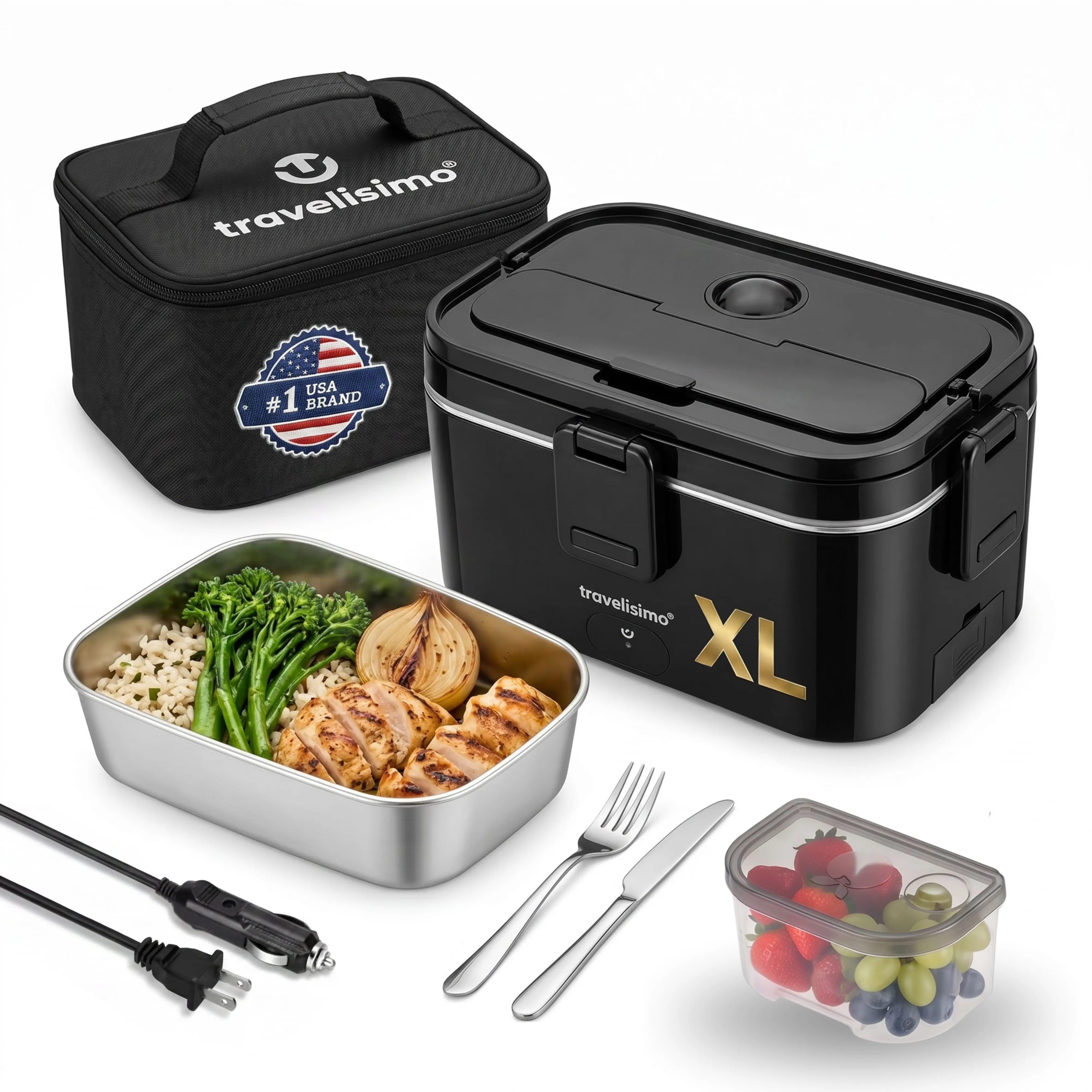 TRAVELISIMO Electric Lunch Box for Adults 1.8L Self Heating Insulated Bento Box with Portable Tray 12V/24V/110V for Car Truck Office Home Dark Green Plastic