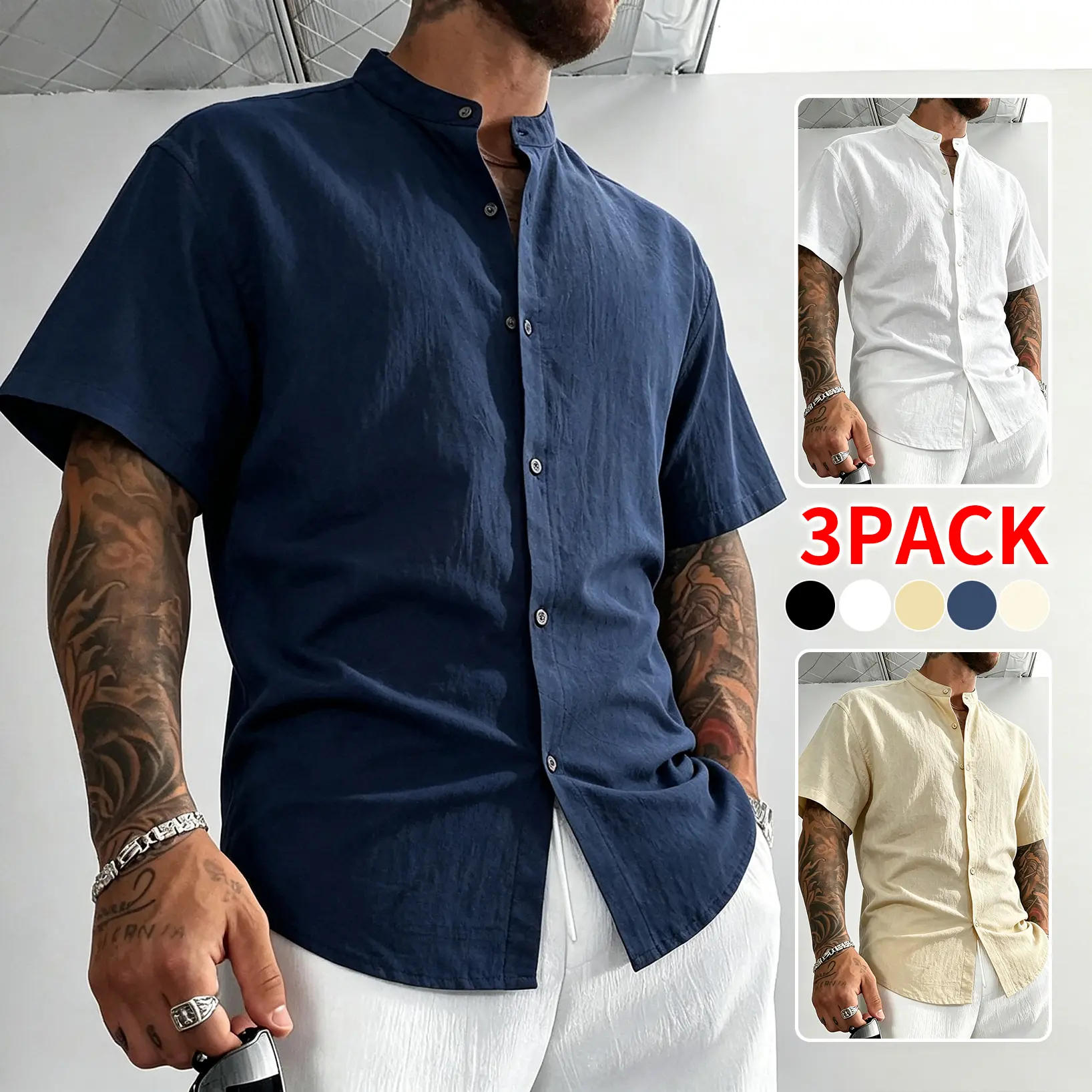 Men's 1-Pack/3-Pack Plain/No Print Casual Shirts - Stand Collar Short-Sleeve, Textured Linen-Blend Cotton, Loose-Fit, Breathable Lightweight Menswear Tops, Chic Business-Casual Wear for Daily Commutes, Travel