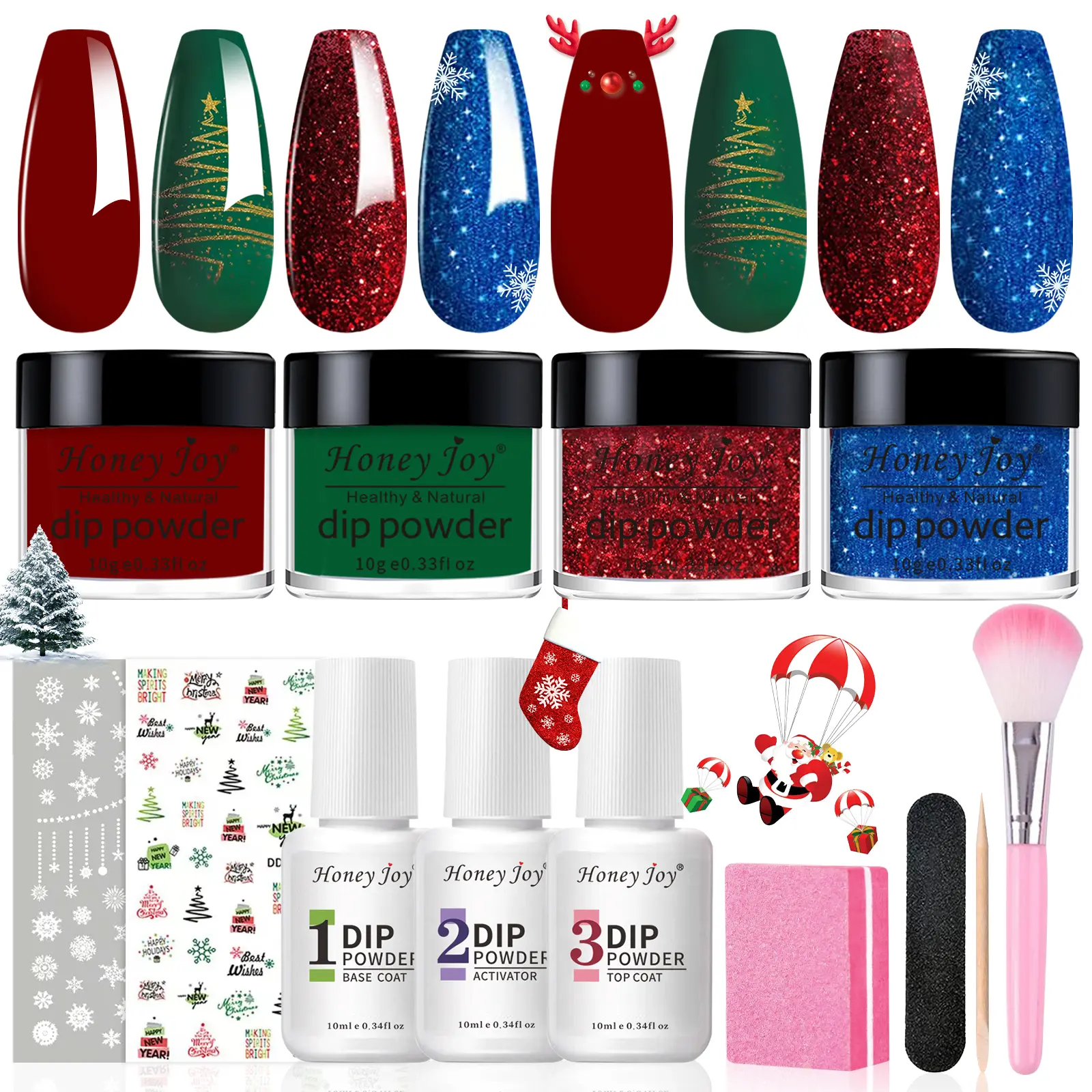 Honey Joy Dip Powder Nail Kit Starter, Christmas Glitter Red Green Blue Dipping Powder Liquid Set with Base Top Coat for Nail Art Manicure Salon DIY Polish Cutics, Nail Care, Base Coat
