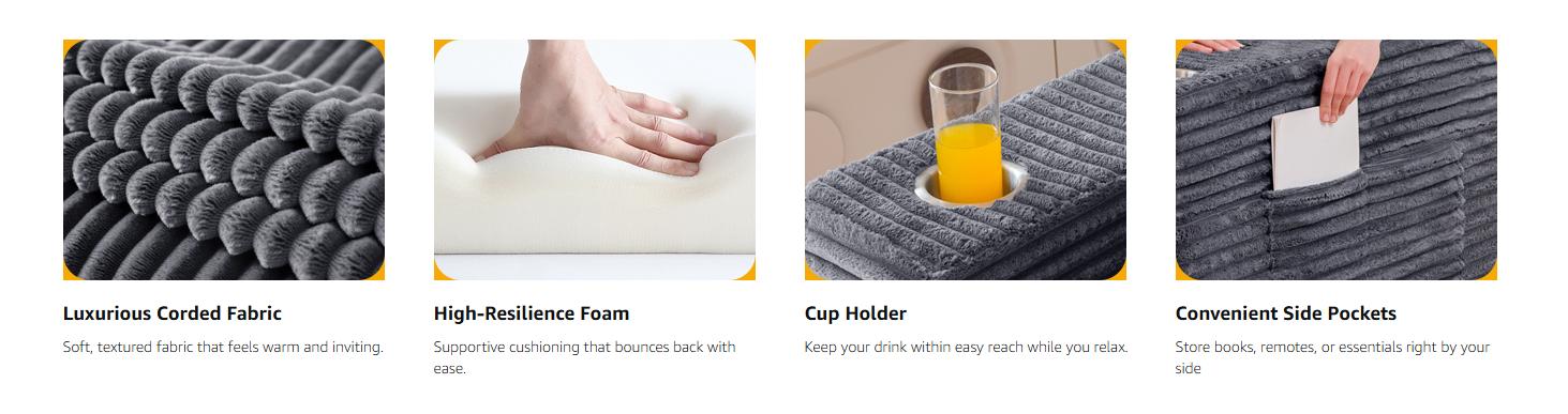 MAXYOYO 63" Boneless Loveseat Sofa Couch for Small Spaces, Mini Love Seat Floor Couch with Cup Holders and Pillows, 2-Seater Upholstered Cloud Couch for Bedroom Apartment, No Assembly Required