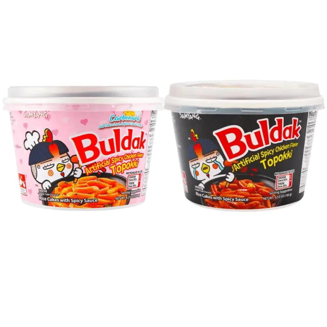 Samyang Buldak Stir-Fried Rice Cake 2-Pack: Super Spicy Fire Chicken Flavor (185g) & Creamy Flavor (179g) - Authentic Korean Tteokbokki Noodles Food Cheese