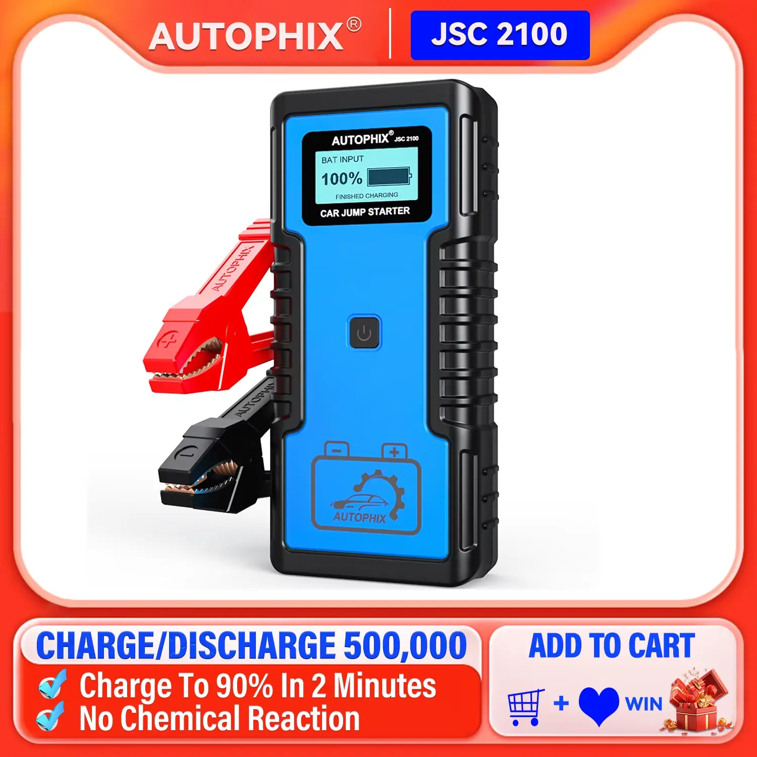 AUTOPHIX-JSC 2100 1000A Portable 12V Super Capacitor Car Jump Starter, 2-in-1 Power Bank & Motorcycle Battery Charger, Car Battery Repair Tool