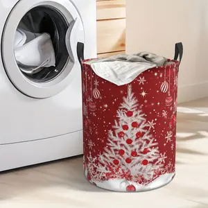 Festive Christmas Laundry Basket - Retro Red & Green Tree Print, Foldable Oxford Cloth Hamper with Handles, Ideal for Bathroom & Bedroom Storage, Durable Polyester, Round Shape, Laundry Room Accessories, Laundry Baskets