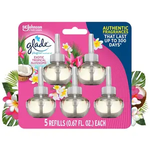 Glade 3.35 oz Exotic Tropical Blossoms Scented Oil Plug-In Air Freshener Refill (5-Count),plug-in refill,air freshener refill,essential oils blend,50-day fragrance,tropical floral scent,monoi blossom,coconut milk note,elderflower note,home fragrance,rooms