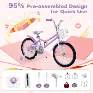 COSTWAY - 18 Inch Girl Bike with Basket with Detachable Training Wheels for 4-8 Years Old-18 inches