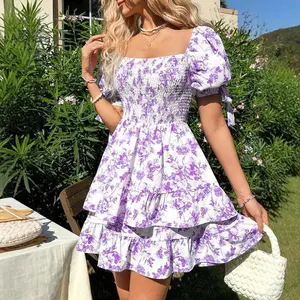 2026 Bestselling Women's Purple Floral Print Dress Smocked Fitted Waist Double Layer Hem Spring Summer Breathable Flattering Casual Outfit for Wedding Guest Vacation Daily Brunch Date Night