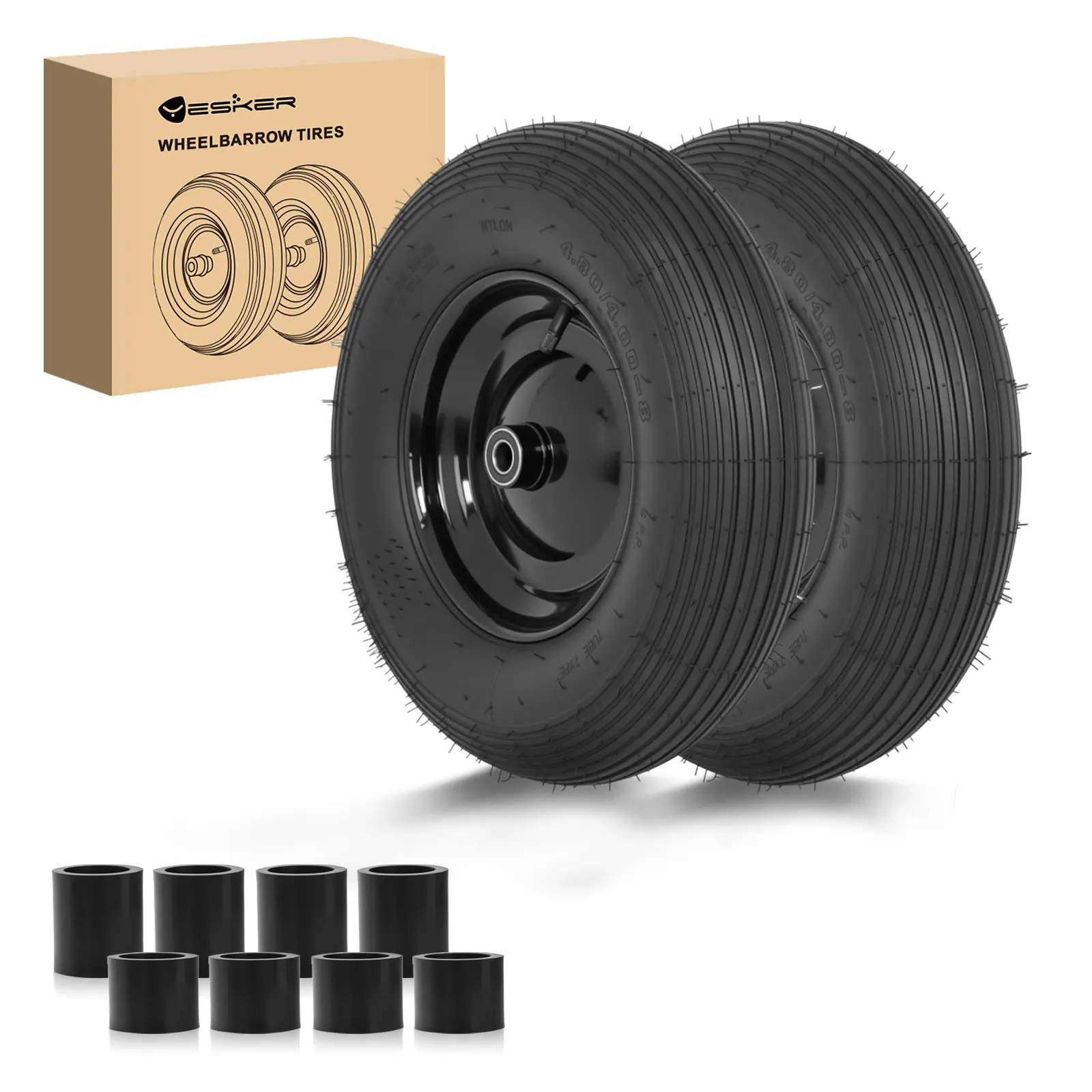 Yesker 4.80/4.00-8 Rubber Pneumatic Tires & Wheels Replacement Set (2 Pack) - 16" Air-Inflated Wheels with 5/8" Axle Bore, Durability, High Load Performance, Improved Traction, Natural Shock Absorption for Wheelbarrow, Garden Cart