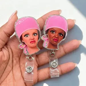 Funny Disgusted Nurse Expression Retractable Badge Reel Sassy Healthcare Work Mood ID Holder For Nursing Students Doctors Medical Staff Accessory Acrylics