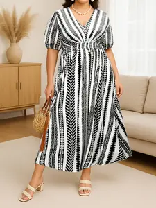 Women's Frenchy Style Split Thigh A Line Vintage Shortsleeve Dress Elegant Long Striped Dress Plus Size Casual Womenswear with Unique Chevron Pattern Vneck Summer Outfit