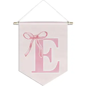 initial Personalized Preppy Canvas Hanging Pennant Flag Banner, Coquette Pink Bow Teen Girl Gifts,Trendy Cute Monogrammed Gifts Wall Decor for Women Teen Girl Nursery bedroom(E)