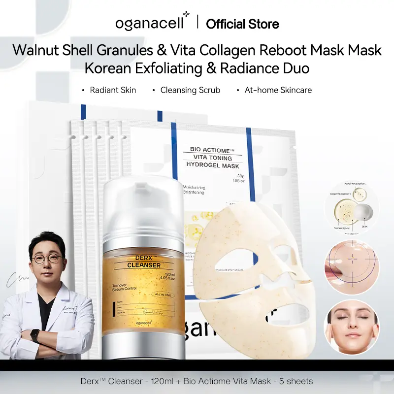 Oganacell DERX Deep Pore Cleansing & Repair Set | Walnut Granule Powder, Blackhead Removal, Amino Acid Cleanser, Gentle Cleansing | Glass Skin Collagen Gel Mask (5 sheets), Skin Repair, Korean Skincare