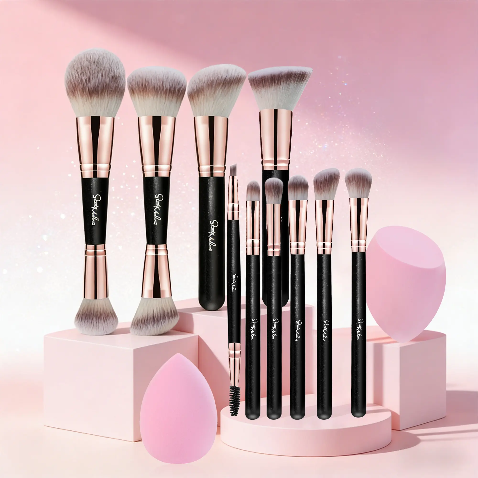 12pcs Dual Ended makeup Brush Set Glam Blend for Beginner, with 2 Pcs Beauty Sponge, Professional for Powder, Liquid and Cream
