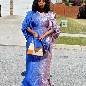 Adaeze 3 pc Set Boubou Kaftan, Floor Length Dress in Pink & Blue, Long Sleeves, Suitable for Various Occasions Vneck Summer