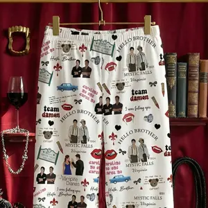 Vampire D1aries Pajamas Trousers, Damon Salvatore Long Pants With Stickers On, Hello Brother Sleepwear, Damon Stefan Merch, Halloween Merch