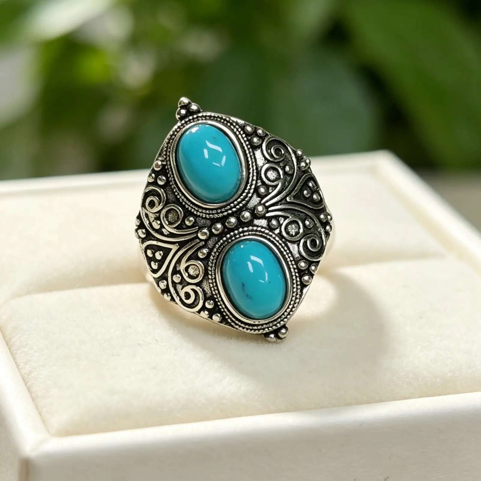 Aileen(13702)gc.Ethnic Turquoise Double Stone Ring