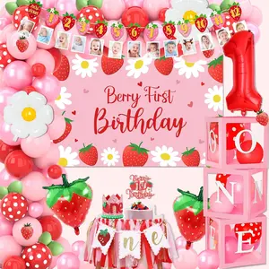 Berry First Birthday Decor Kit Strawberry Theme Balloon Arch Set for Girls Party Setup