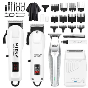 Set of 5, HIENA electric hair clipper white machine set USB rechargeable hair clipper household radio scissors, professional LCD digital display, special hairdressing tools for men's hair clippers as a gift for friends.