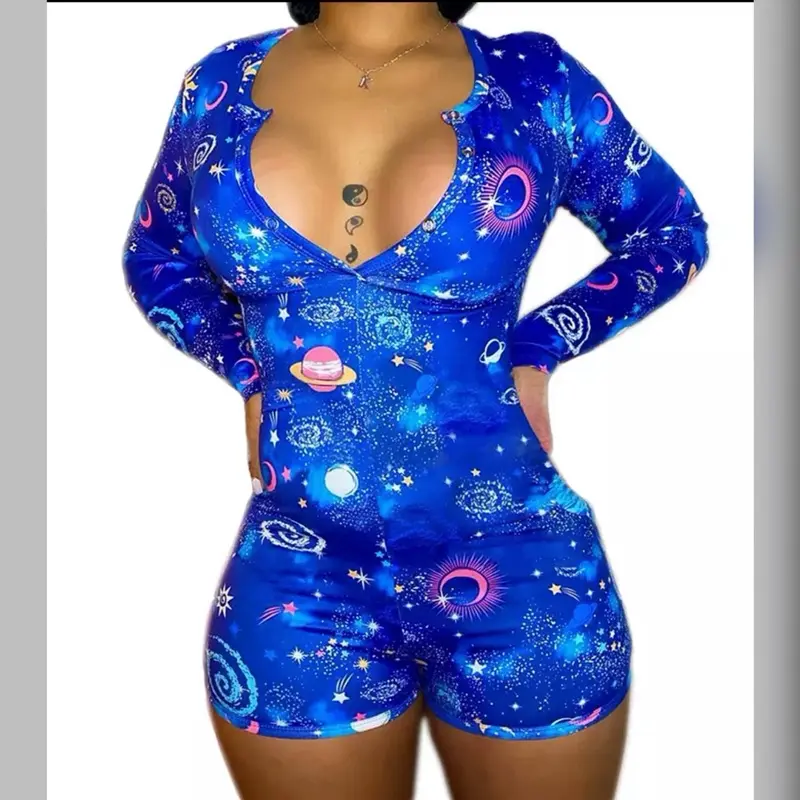 Outer Space One Piece Sleepwear - Blue Galaxy Print Long Sleeve Romper with Star and Moon Designs
