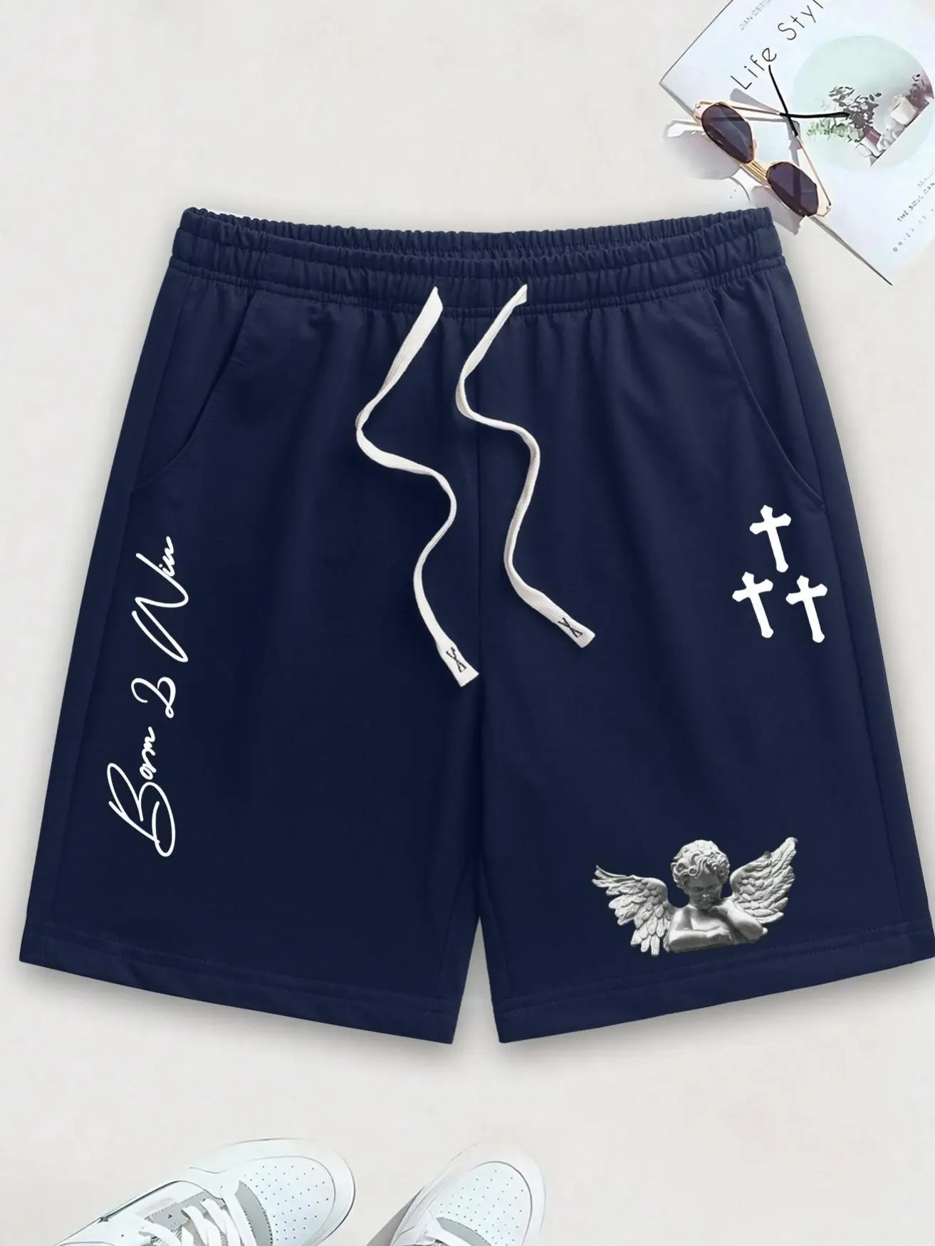 Men's Athletic Shorts with Bold Gothic Graphic, Lightweight Quick-Dry Polyester with Drawstring Waist for Outdoor, Gym & Running, Sporty Chic, Fitted, Plain, Camping&Hiking, Bold Graphic Element Men's Shorts, Breathable, Casual, Cherub Angel & Cross Graph