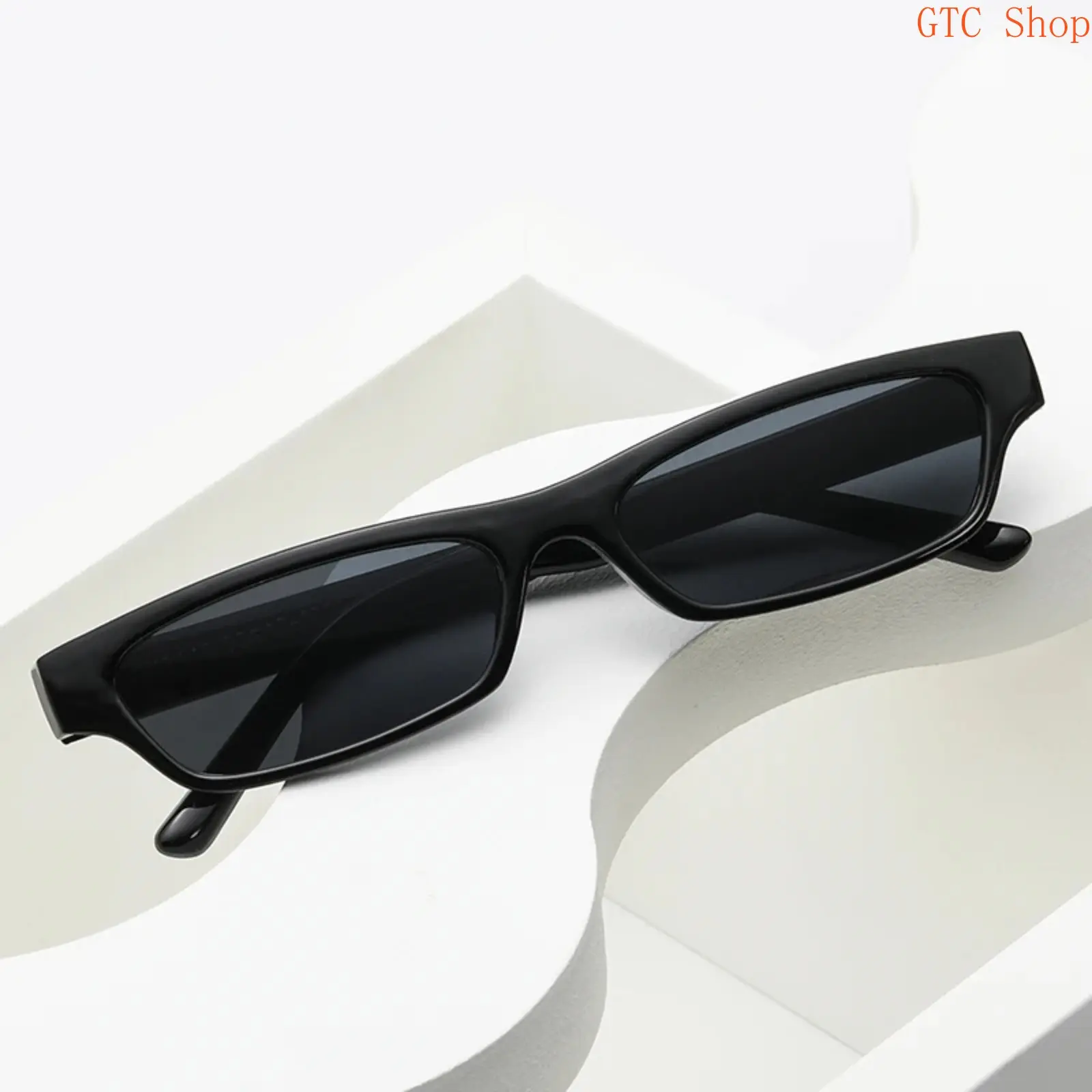 Unisex Retro Narrow Cat Eye Sunglasses, Solid Black Glossy Frame Dark Lens Trendy Y2K Stylish UV400 Protection Shades Ideal for Daily Streetwear, Travel and Casual Outdoor Activities