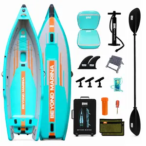 BEYOND MARINA 12.5 ft Inflatable Fishing Kayak, Stable Sit-On-Top Fishing Platform with 3 Rod Holders, Fish Ruler, Motor Mount & Pedal/Rudder Ready Design, Portable Beach