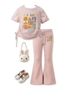 Summer Girls' Set, Fun Dolphin Cartoon Design, Drawstring Short Sleeve Tee & Flared Pants, Casual Daily Wear, Cute