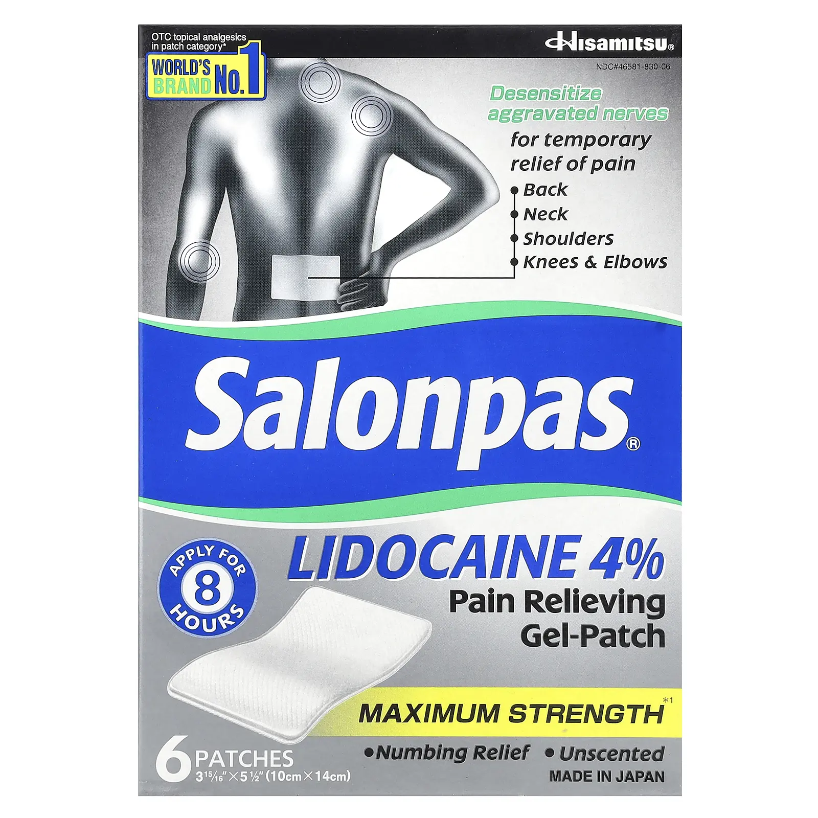 Salonpas Lidocaine 4% Pain Relieving Gel-Patch, Maximum Strength, Unscented, 6 Patches | HSA/FSA Eligible