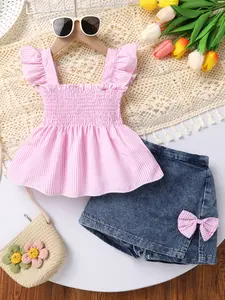 2pcs, Kids Young Girls'clothing, Casual, Stylish, Soft, Comfortable, Parallel Shirring Ruffled Striped Camisole Top And Bow-trimmed Faux Skirt Blue Denim Shorts, Girls Outfit Sets, Summer For Everyday Wear, Vacations, Photo Shoots, Outdoor Activities