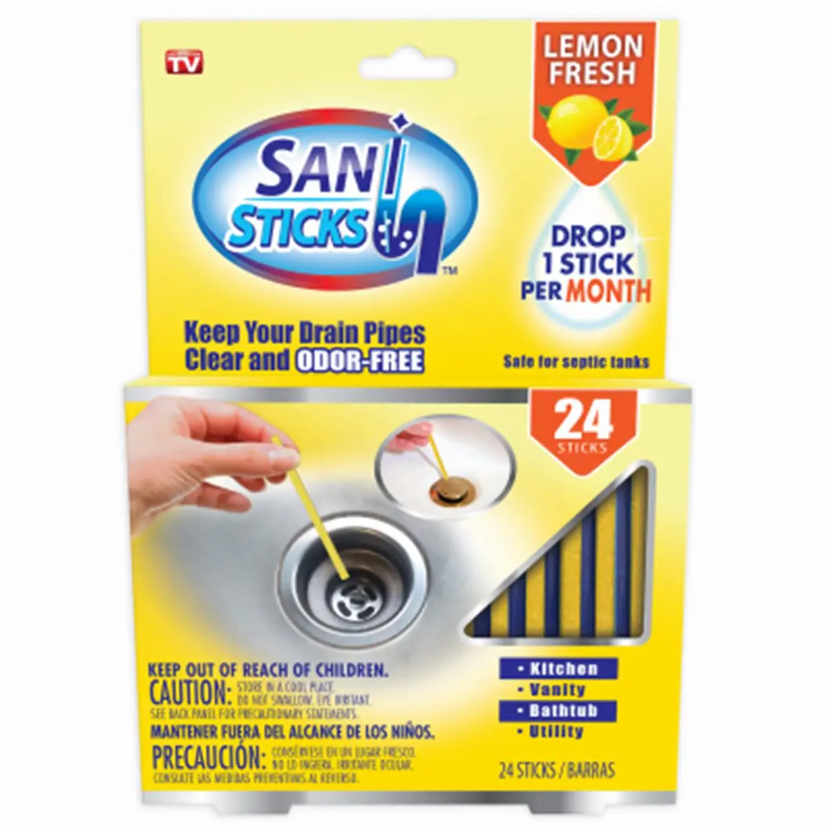 Sani Sticks Lemon Concentrated Drain Sticks Box - Monthly Anti-Clogging Remover & Deodorizer, Drop-In Cleaning Treatment for Household Sinks, Hunting & Outdoor Leisure Gear Maintenance