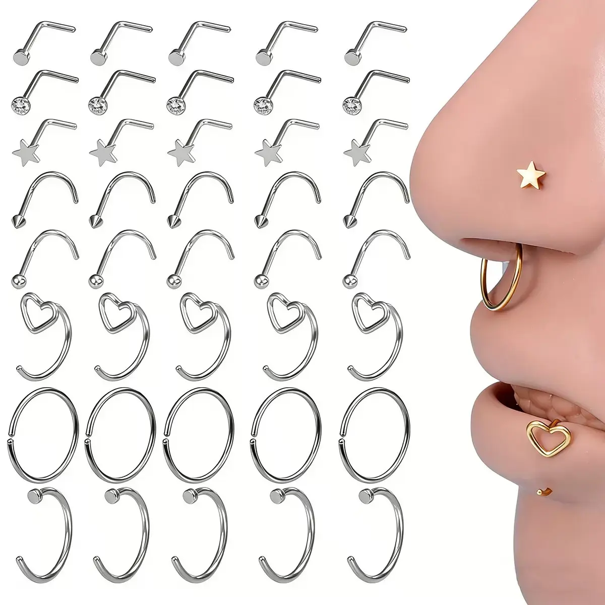 40PCS Hypoallergenic Stainless Steel Nose Studs & Hoops - Minimalist L-Shaped Tops Nose Piercing Jewelry for Everyday Wear