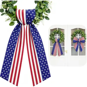 Patriotic Wreath Sash, 56 Inch Red and White Stripes White Blue Stars Front Door Wreath Sash for Holiday Indoor Outdoor Decorations, 1 Pcs