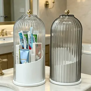 360° Rotating Makeup Brush Holder with Waterproof Dustproof Lid, Clear Vanity Organizer for Bathroom Countertop, 3-Zone Storage for Brushes Lipsticks Sponges, Non-Slip Base, Space-Saving for Home Dorm Travel, Keeps Beauty Tools Clean Dry & Tidy