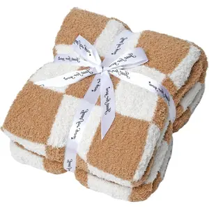Soft Checkered Throw Blanket, Ultra Cozy Knit Yellow Throw Blanket  Fuzzy Reversible Checkerboard Blanket for Travel Couch Sofa Bed Decor, 51x63 inches, Khaki