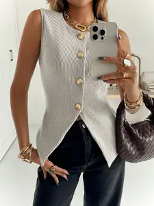 Women's Casual Elegant Ribbed Button Sleeveless T-Shirt, Casual Sleeveless Knit, Stylish Summer Top, Comfortable and Trendy, Perfect for Daily Wear