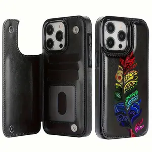 Creative Retro Colorful Feather Leaf Pattern Leather Card Holder Phone Case, Suitable for iPhone 17 Air/16 Plus/15 Pro Max/14 Pro/13/12/11/XS Max/X Phone Case, Ideal Gift for Thanksgiving and Christmas for Family, Friends, Lovers, Boyfriend, Girlfriend