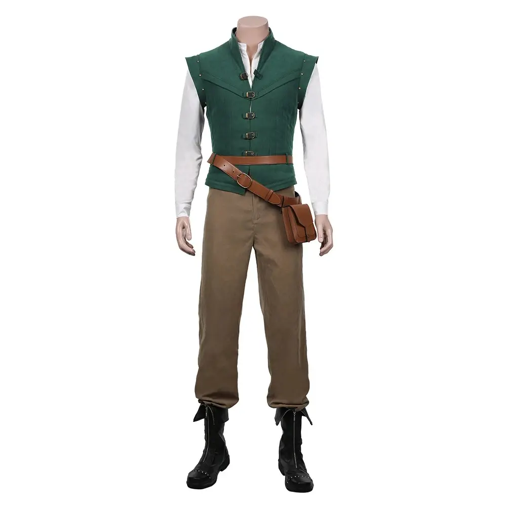 Flynn Rider Renaissance Prince Costume Set with Green Vest Shirt Pants Belt and Waist Bag for Adult Men