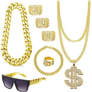 80s 90s Accessories Outfit for Men  Hop Costume Kit Old School Rapper Sunglasses Faux  Rope Chain Bracelet Dollar Sign Chain Ring Kanji Ring Halloween Party Decorations
