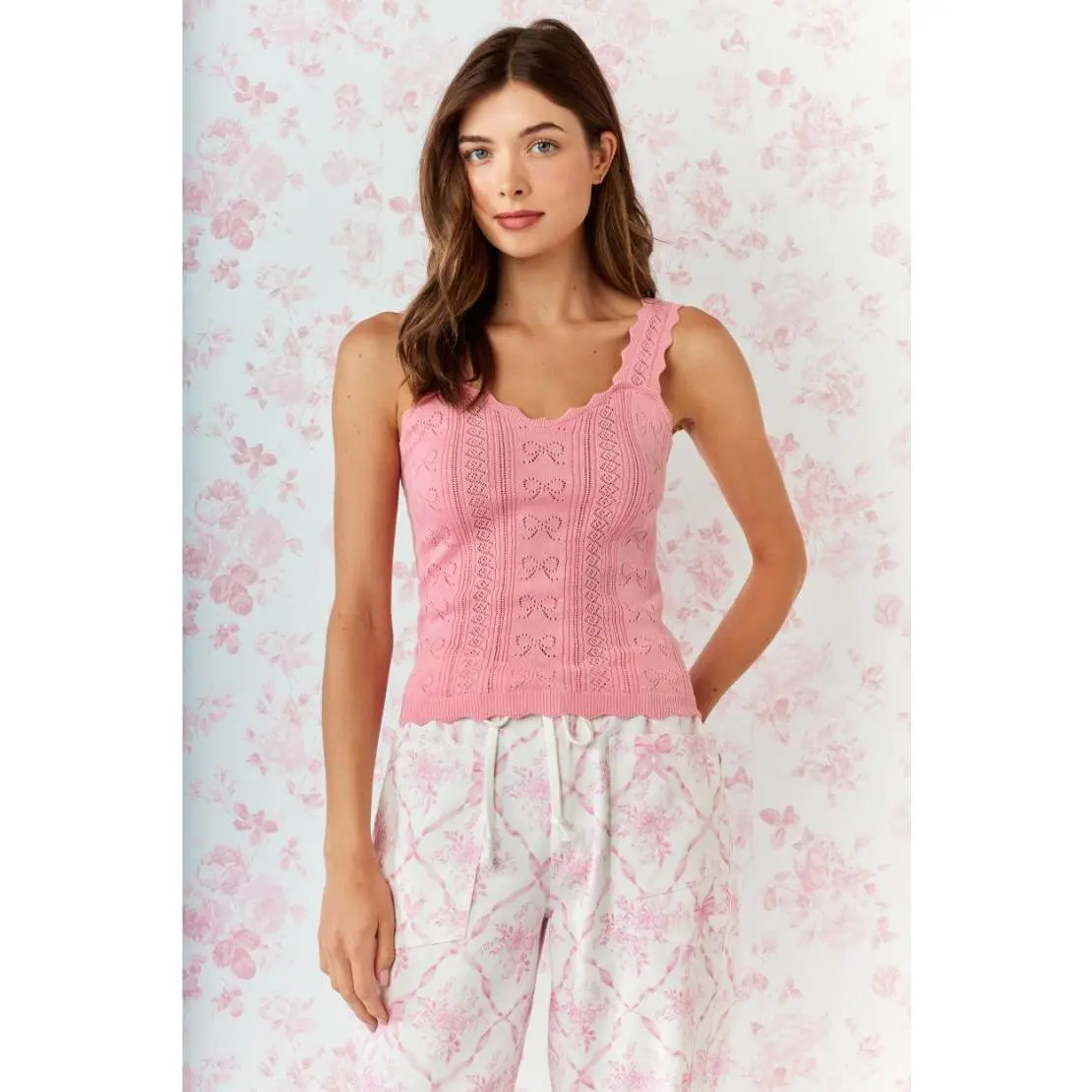 Penelope Bow Pointelle Knit Tank - Pink